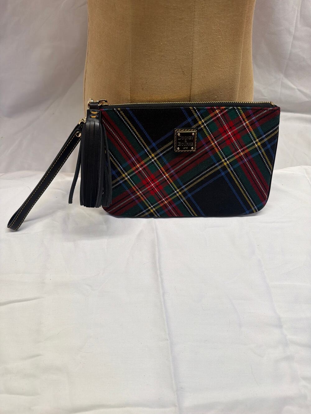 Dooney & Bourke Tartan Plaid Large Wristlet Pouch Clutch Bag with Leather Tassel